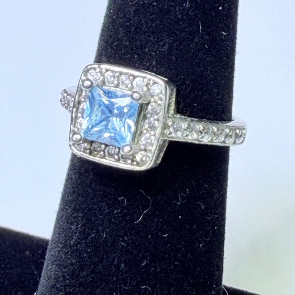 Womens Silver Tone Light Blue Princess Cut Halo Statement Ring Size 6.5